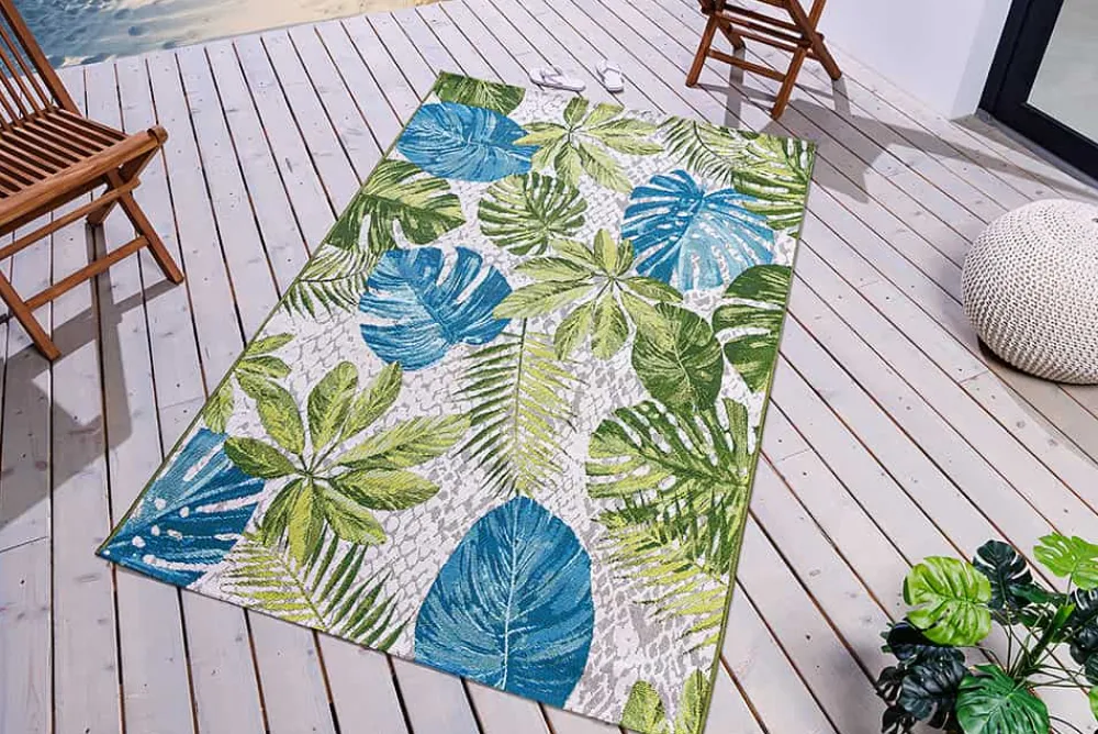 Riess-Ambiente Outdoor Teppiche|Teppiche > In- und Outdoor Teppich LEAF 235x160cm türkis grün weiß Blätter florales Design wetterfest