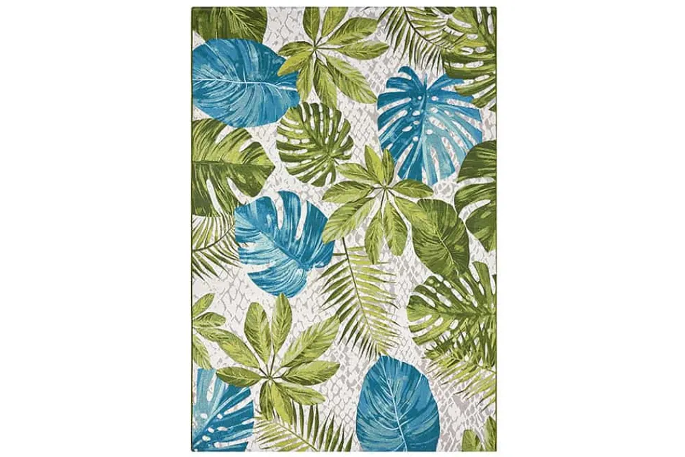 Riess-Ambiente Outdoor Teppiche|Teppiche > In- und Outdoor Teppich LEAF 235x160cm türkis grün weiß Blätter florales Design wetterfest