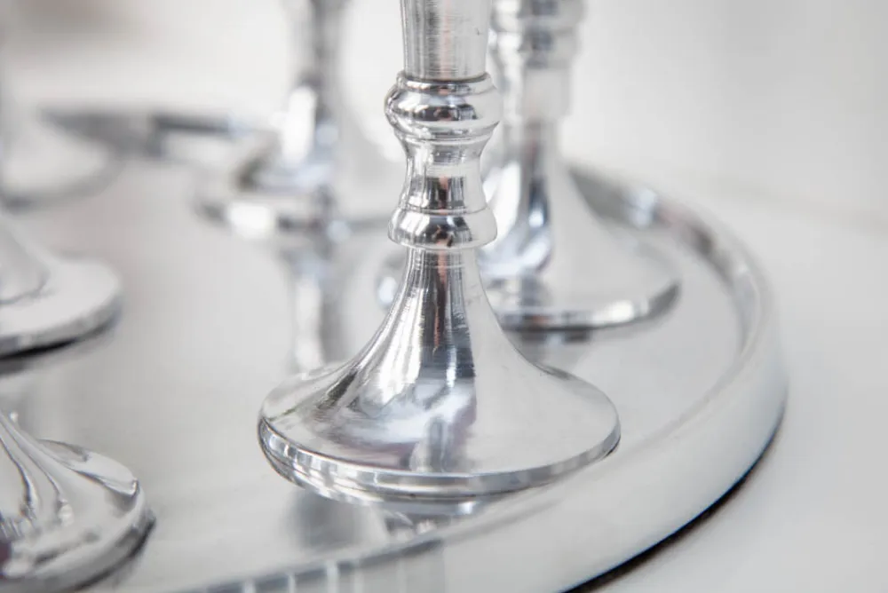 Riess-Ambiente Kerzenständer > Kerzenständer MODERN BAROCK 30cm 9-flammig silber Aluminium poliert Kerzenhalter Deko-Platte