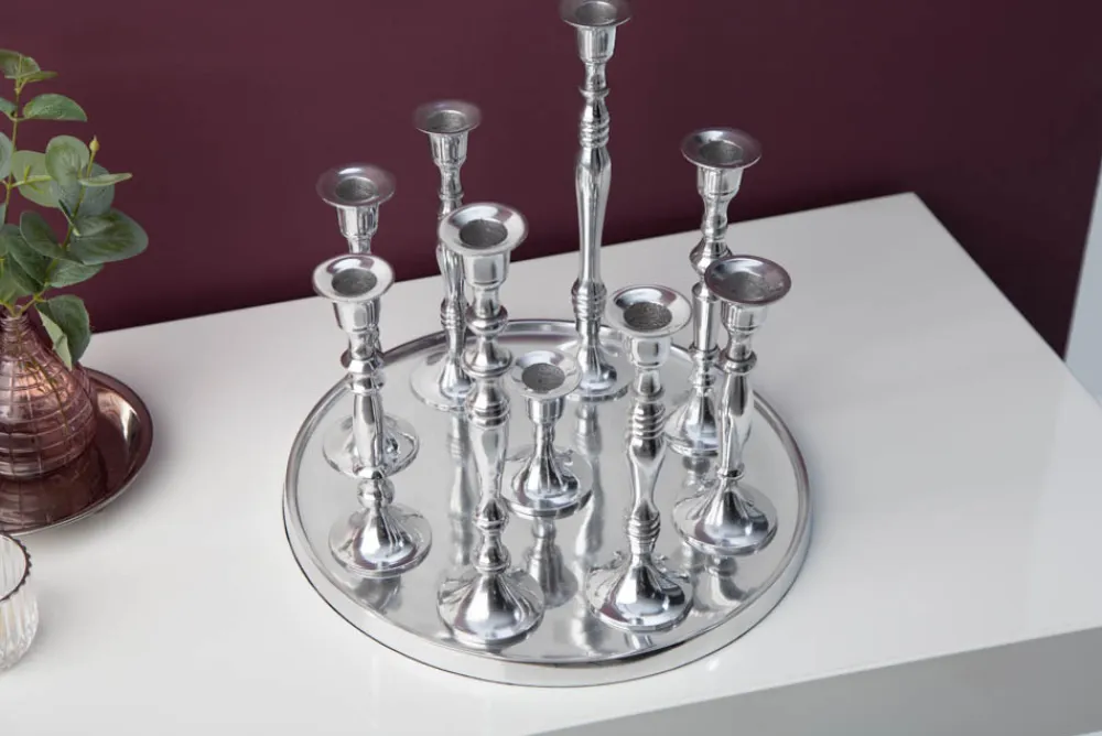 Riess-Ambiente Kerzenständer > Kerzenständer MODERN BAROCK 30cm 9-flammig silber Aluminium poliert Kerzenhalter Deko-Platte