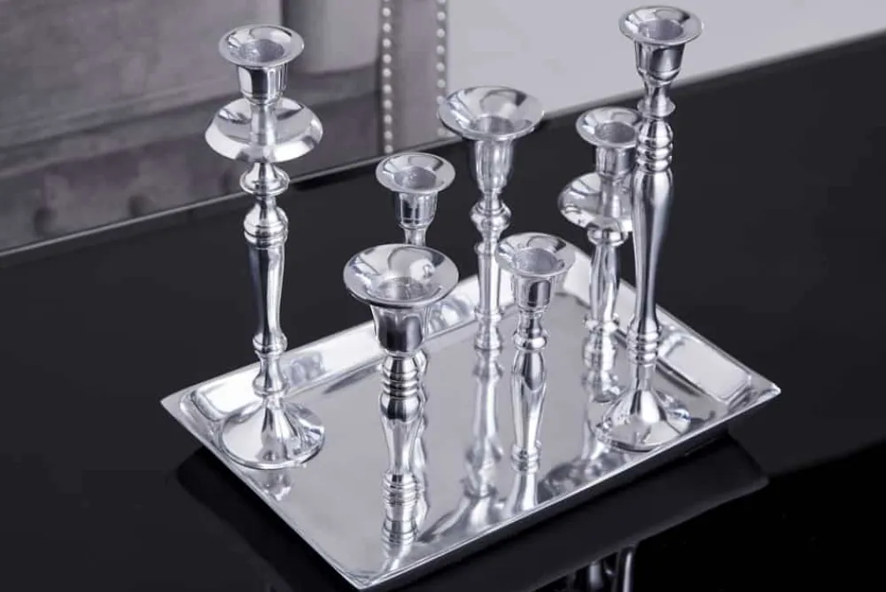 Riess-Ambiente Kerzenständer > Kerzenständer MODERN BAROCK 30cm 7-flammig silber Aluminium poliert Kerzenhalter Deko-Platte