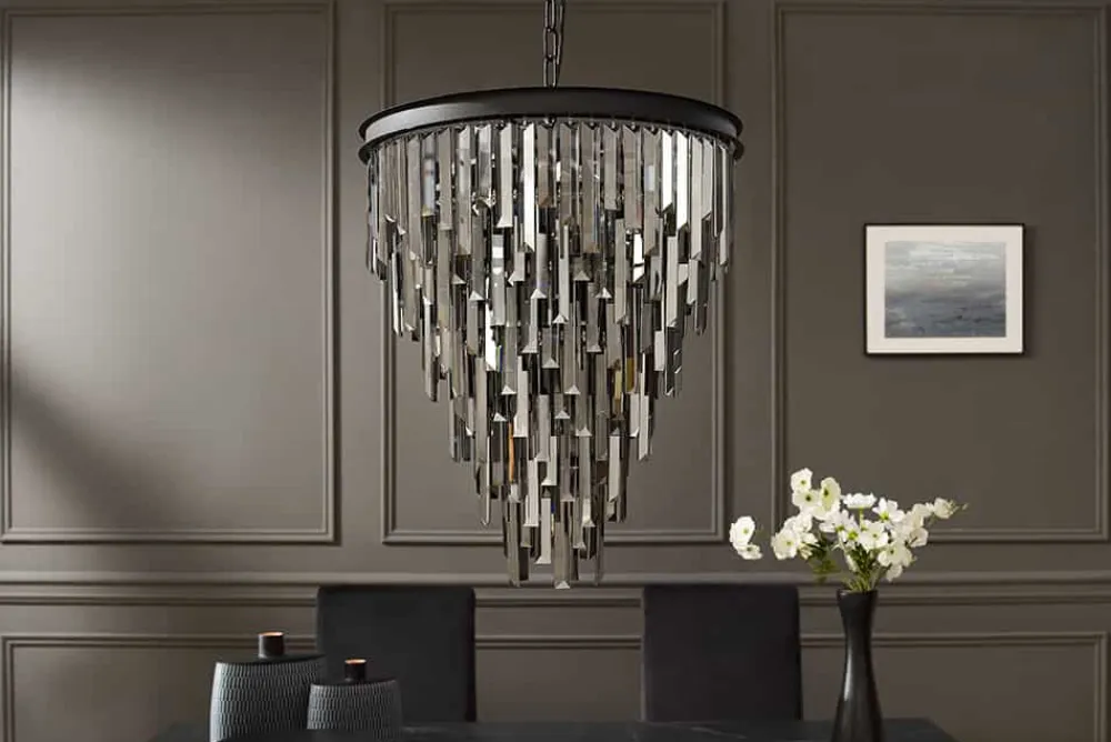 Riess-Ambiente Hängelampen|Kronleuchter & Lüster > Luxus Kronleuchter KRISTALL 50cm grau mit Glasprismen schwarz Eisen Hängelampe