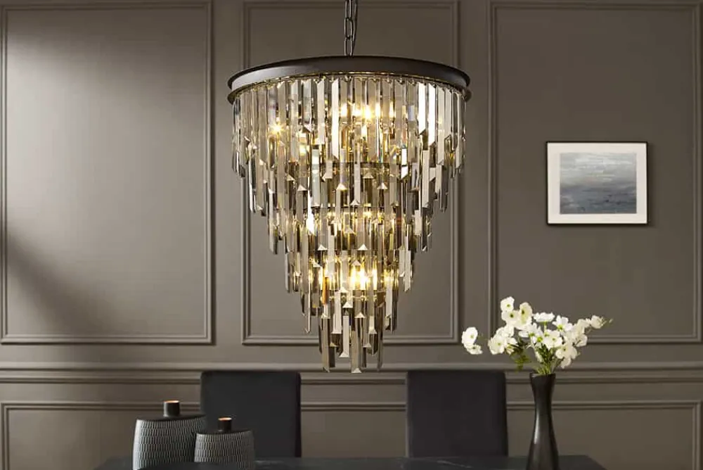 Riess-Ambiente Hängelampen|Kronleuchter & Lüster > Luxus Kronleuchter KRISTALL 50cm grau mit Glasprismen schwarz Eisen Hängelampe