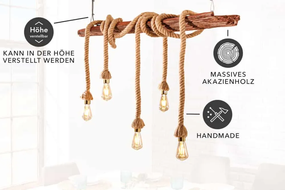 Riess-Ambiente Hängelampen|Mehr... > Maritime Hängeleuchte SEVEN SEAS 110cm Massivholz Seil Deckenlampe 5 Leuchten
