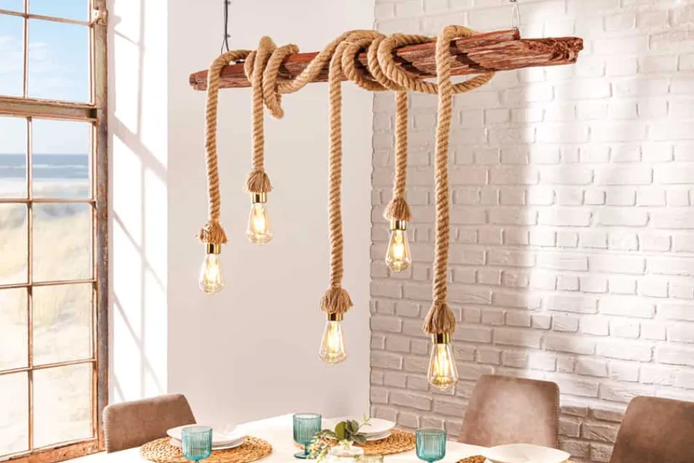 Riess-Ambiente Hängelampen|Mehr... > Maritime Hängeleuchte SEVEN SEAS 110cm Massivholz Seil Deckenlampe 5 Leuchten