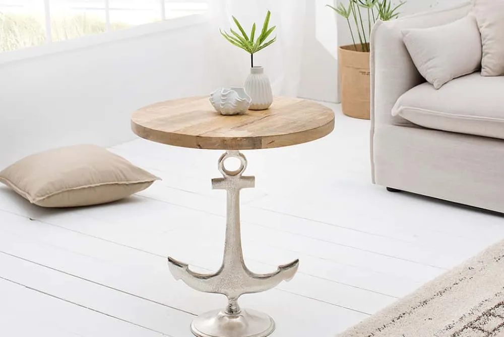 Riess-Ambiente Beistelltische|Mehr... > Maritimer Beistelltisch SEVEN SEAS 50cm silber Anker-Design rund Mangoholz Metall