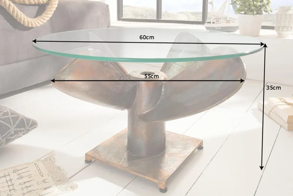 Riess-Ambiente Couchtische & Truhen > Maritimer Couchtisch OCEAN M 60cm kupfer geflammt rund Schiffsschraube Glasplatte