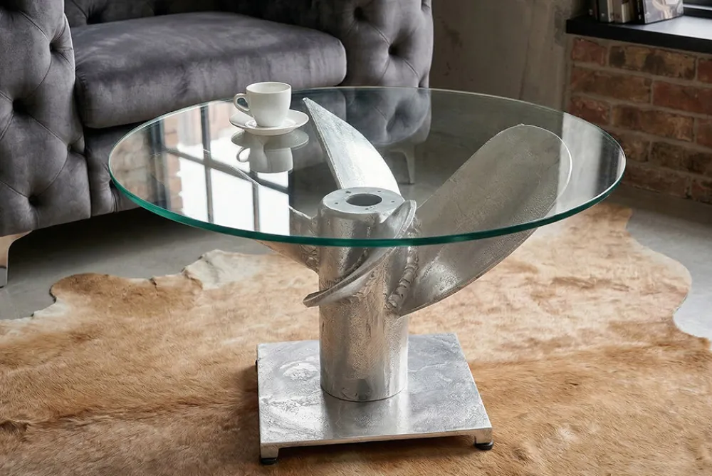Riess-Ambiente Couchtische & Truhen > Maritimer Couchtisch OCEAN M 60cm silber antik rund Schiffsschraube Glasplatte