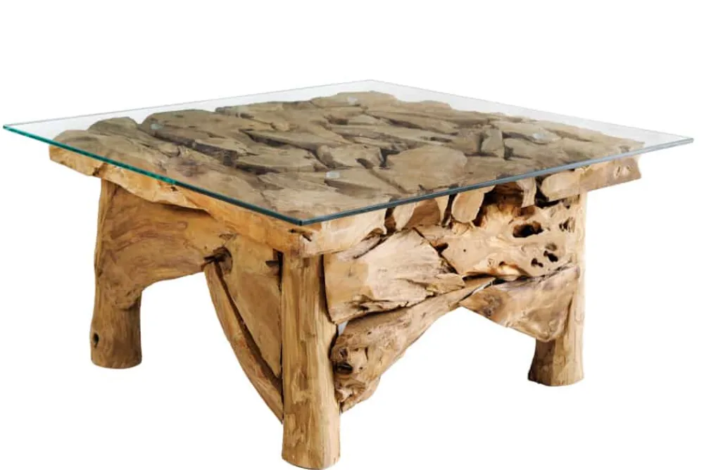 Riess-Ambiente Mehr...|Couchtische > Maritimer Couchtisch RIVERSIDE 80cm natur Teakholz massiv Glasplatte Handarbeit