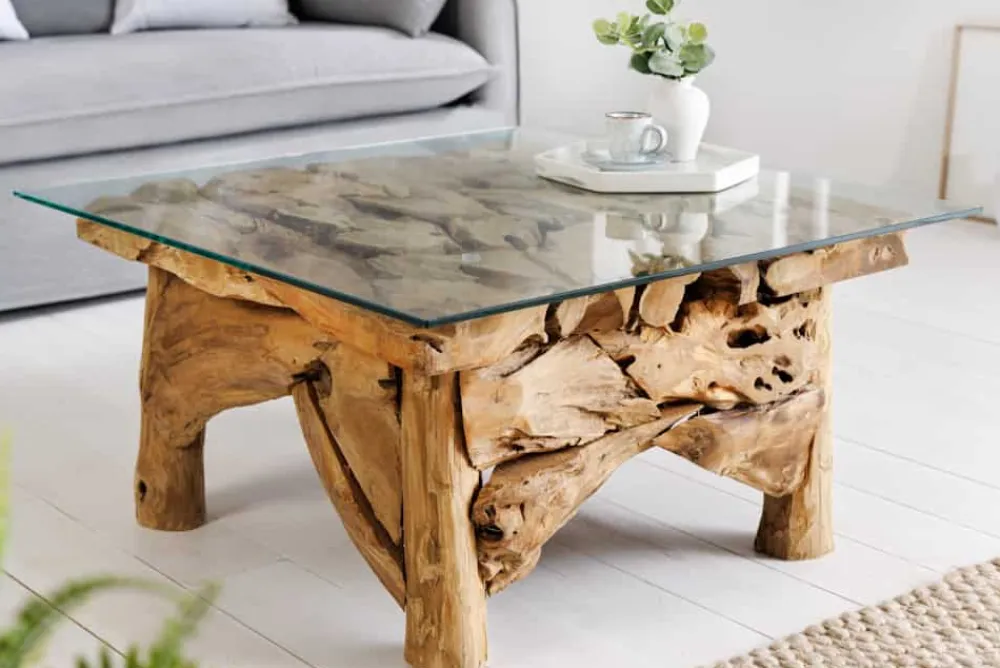 Riess-Ambiente Mehr...|Couchtische > Maritimer Couchtisch RIVERSIDE 80cm natur Teakholz massiv Glasplatte Handarbeit