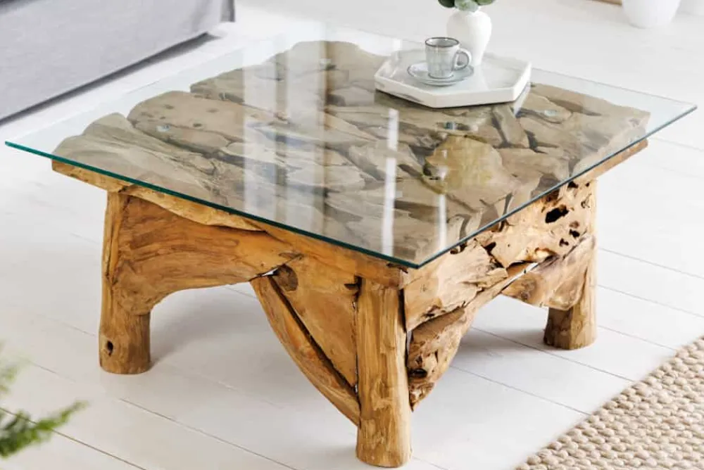 Riess-Ambiente Mehr...|Couchtische > Maritimer Couchtisch RIVERSIDE 80cm natur Teakholz massiv Glasplatte Handarbeit