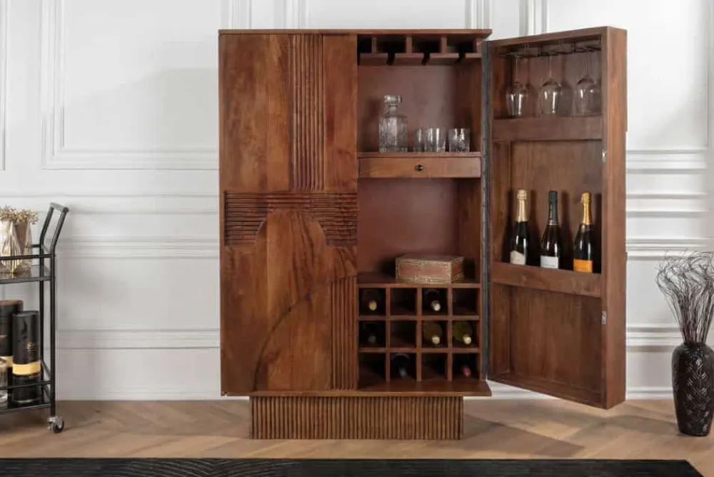 Riess-Ambiente Mehr...|Massivholzschränke > Massiver Barschrank ART DECO 140cm braun Mangoholz 3D-Front Highboard Flaschenregal
