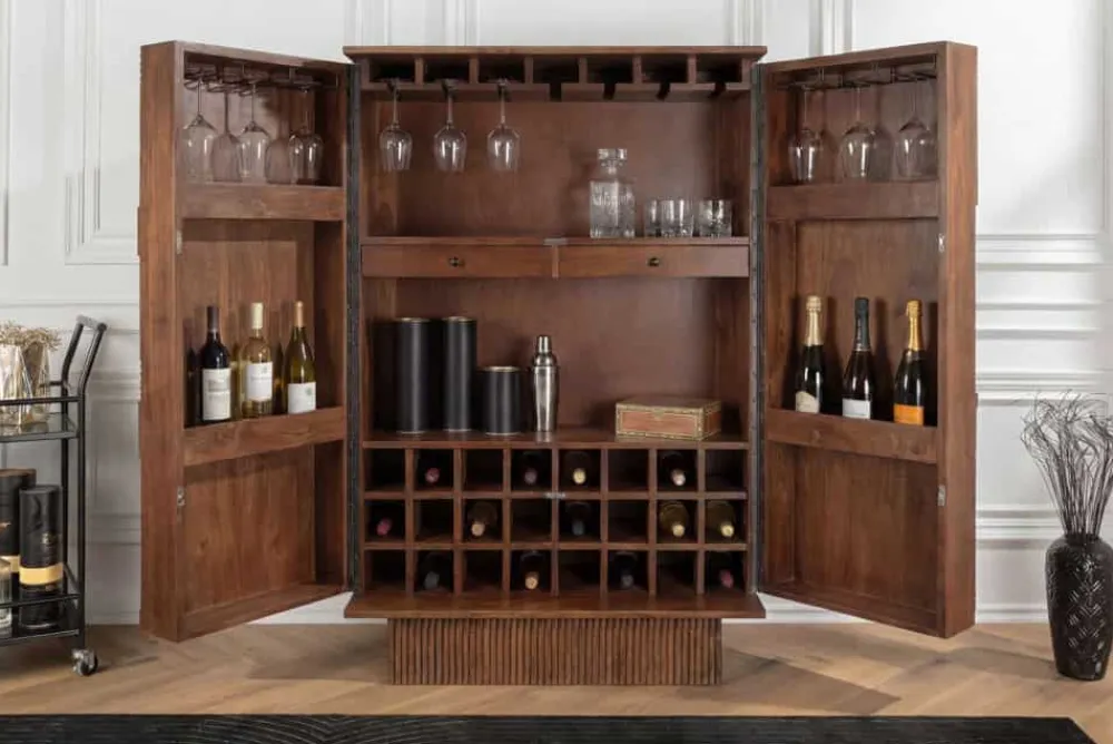 Riess-Ambiente Mehr...|Massivholzschränke > Massiver Barschrank ART DECO 140cm braun Mangoholz 3D-Front Highboard Flaschenregal