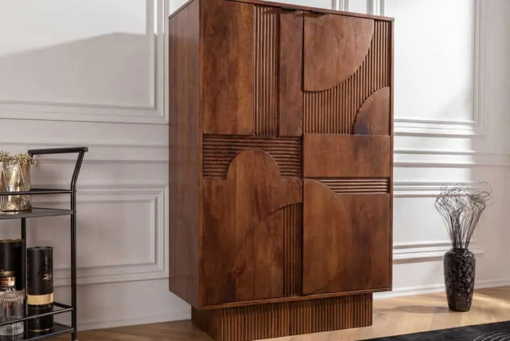 Riess-Ambiente Mehr...|Massivholzschränke > Massiver Barschrank ART DECO 140cm braun Mangoholz 3D-Front Highboard Flaschenregal