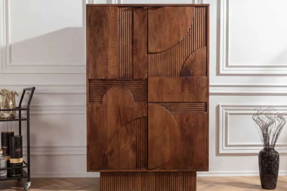 Riess-Ambiente Mehr...|Massivholzschränke > Massiver Barschrank ART DECO 140cm braun Mangoholz 3D-Front Highboard Flaschenregal