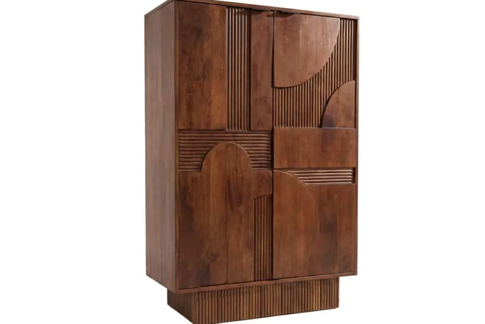 Riess-Ambiente Mehr...|Massivholzschränke > Massiver Barschrank ART DECO 140cm braun Mangoholz 3D-Front Highboard Flaschenregal