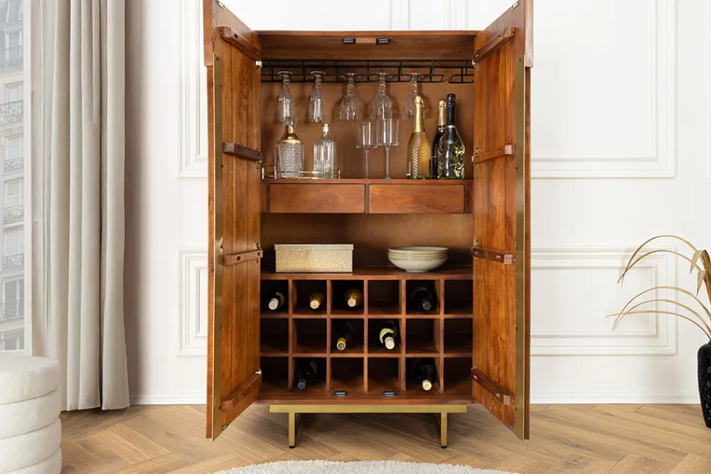 Riess-Ambiente Mehr...|Massivholzschränke > Massiver Barschrank GATSBY 140cm braun Mangoholz gold Metallgestell Retro