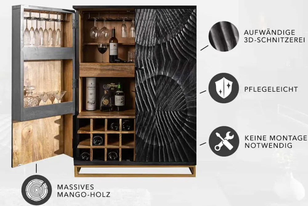 Riess-Ambiente Mehr...|Goldene Möbel > Massiver Barschrank SCORPION 141cm schwarz Mangoholz mit 3D Schnitzereien
