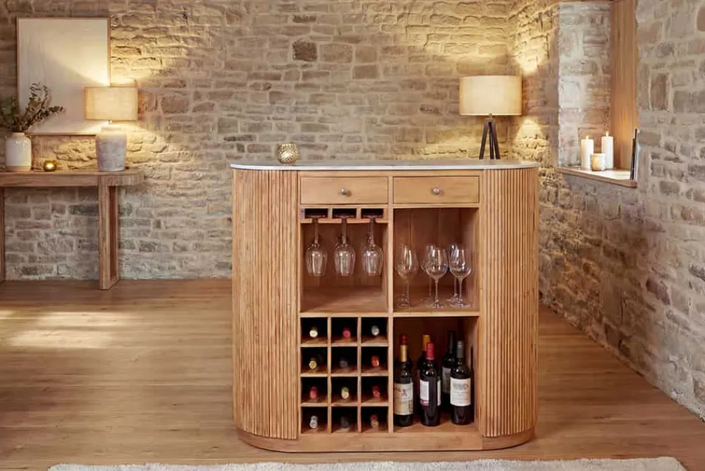 Riess-Ambiente Mehr...|Massivholztische > Massiver Bartisch TRES CHIC 120cm braun Mangoholz weiß Marmor mit Flaschenregal
