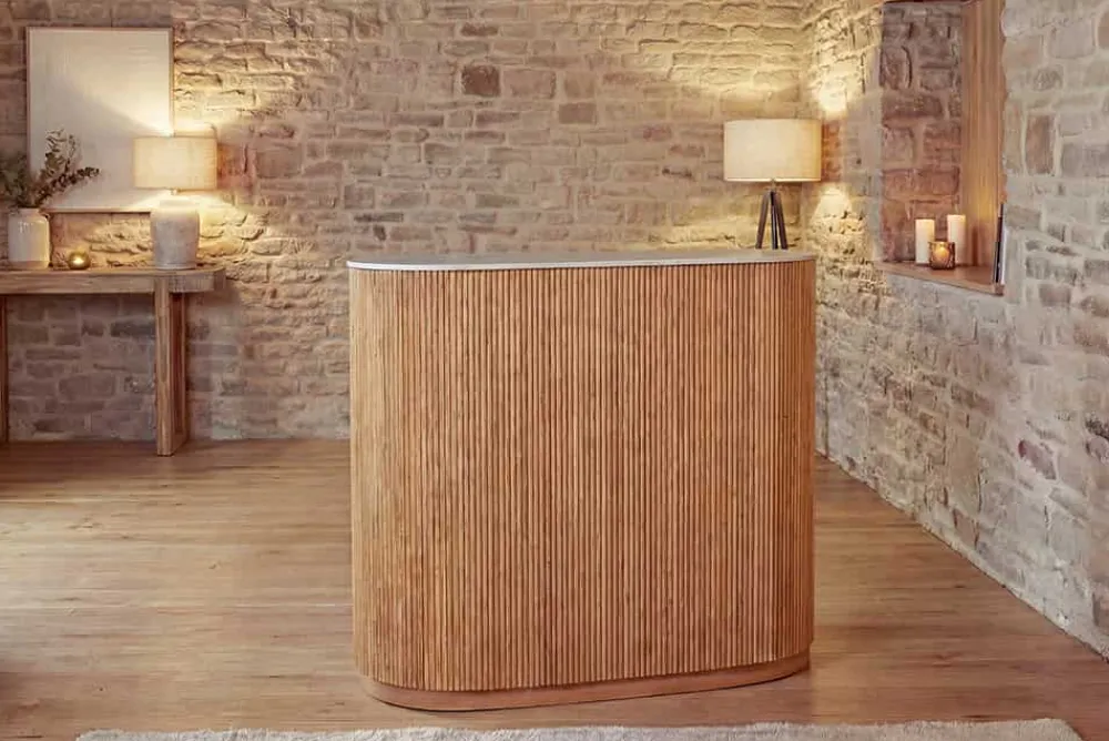 Riess-Ambiente Mehr...|Massivholztische > Massiver Bartisch TRES CHIC 120cm braun Mangoholz weiß Marmor mit Flaschenregal