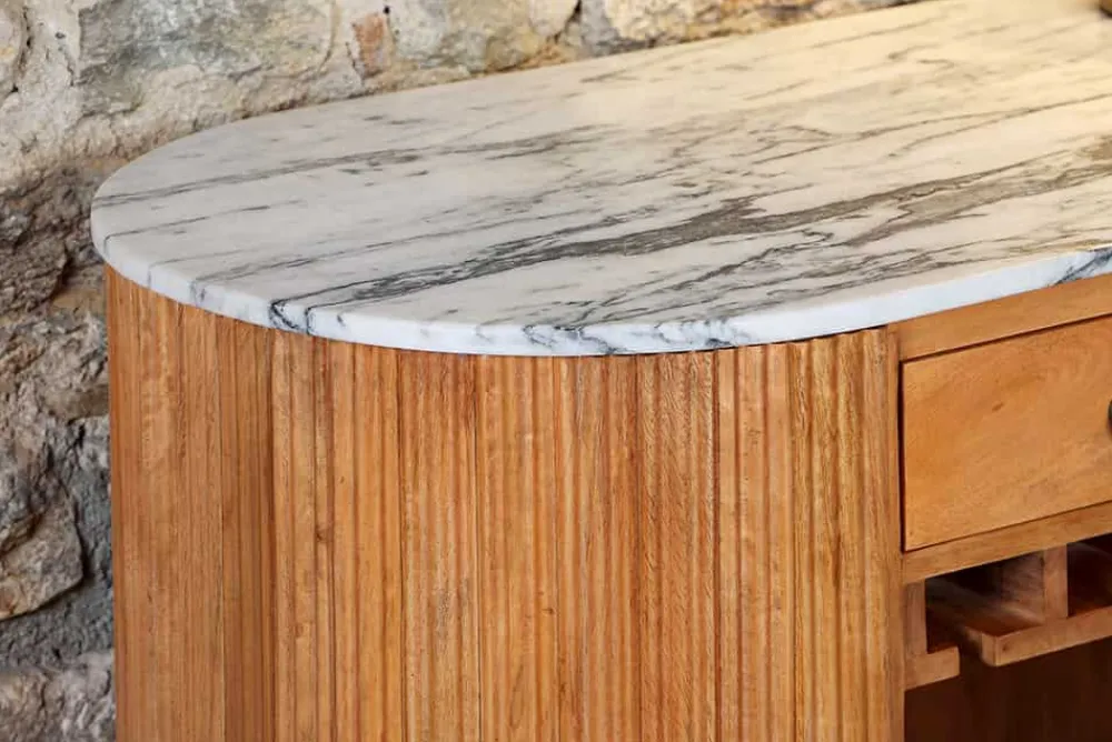 Riess-Ambiente Mehr...|Massivholztische > Massiver Bartisch TRES CHIC 120cm braun Mangoholz weiß Marmor mit Flaschenregal