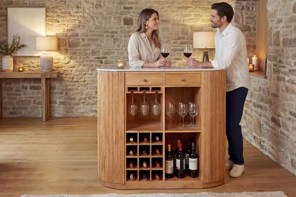 Riess-Ambiente Mehr...|Massivholztische > Massiver Bartisch TRES CHIC 120cm braun Mangoholz weiß Marmor mit Flaschenregal