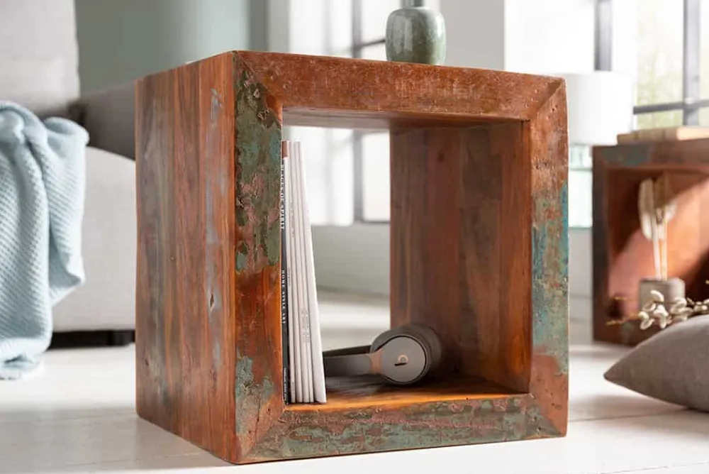 Riess-Ambiente Beistelltische|Mehr... > Massiver Beistelltisch JAKARTA 45cm bunt Cube aus recyceltem Holz Regal