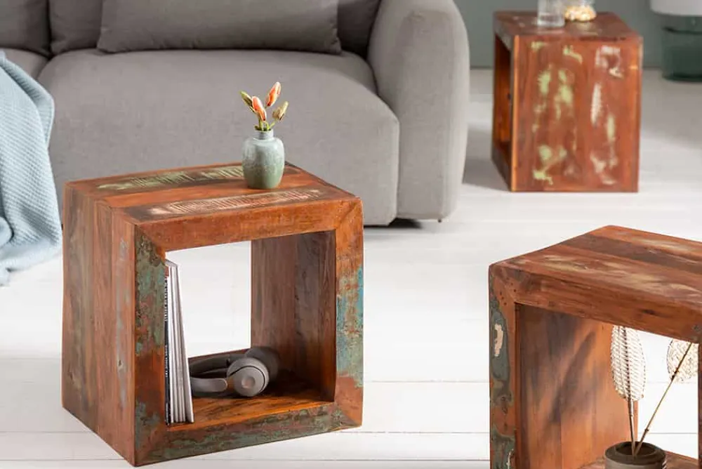 Riess-Ambiente Beistelltische|Mehr... > Massiver Beistelltisch JAKARTA 45cm bunt Cube aus recyceltem Holz Regal