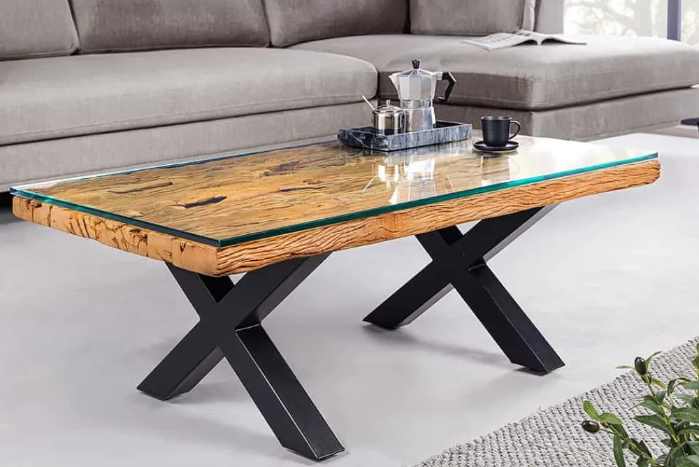 Riess-Ambiente Mehr...|Couchtische > Massiver Couchtisch BARRACUDA 110cm antik natur Teakholz X-Gestell Glasplatte