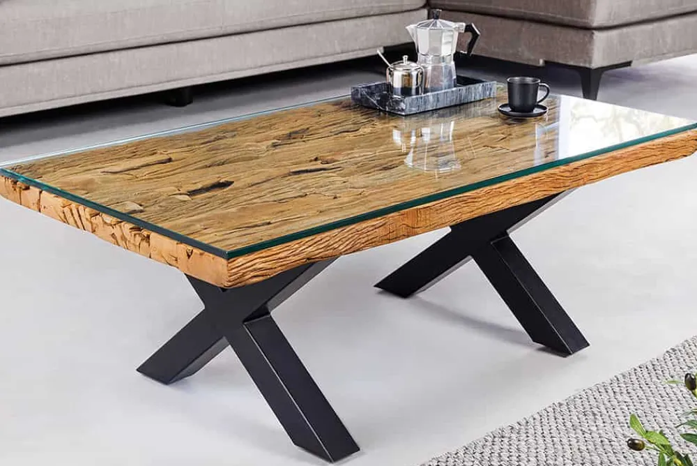 Riess-Ambiente Mehr...|Couchtische > Massiver Couchtisch BARRACUDA 110cm antik natur Teakholz X-Gestell Glasplatte