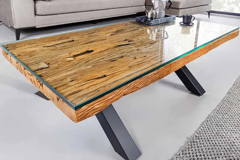 Riess-Ambiente Mehr...|Couchtische > Massiver Couchtisch BARRACUDA 110cm antik natur Teakholz X-Gestell Glasplatte