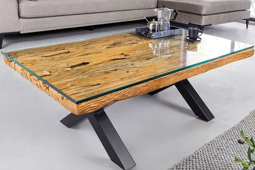 Riess-Ambiente Mehr...|Couchtische > Massiver Couchtisch BARRACUDA 110cm antik natur Teakholz X-Gestell Glasplatte