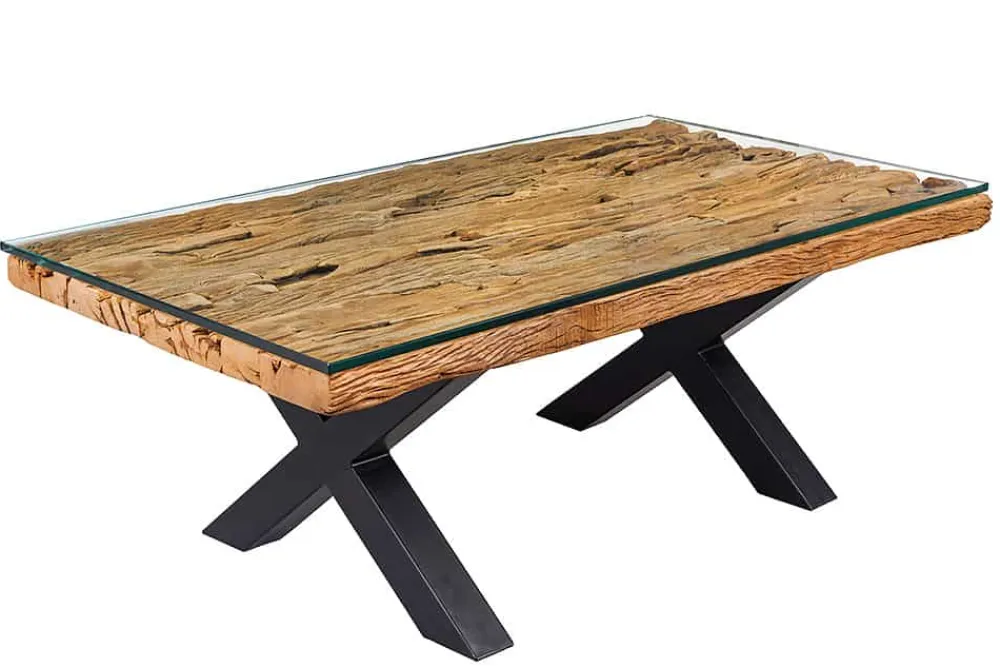 Riess-Ambiente Mehr...|Couchtische > Massiver Couchtisch BARRACUDA 110cm antik natur Teakholz X-Gestell Glasplatte