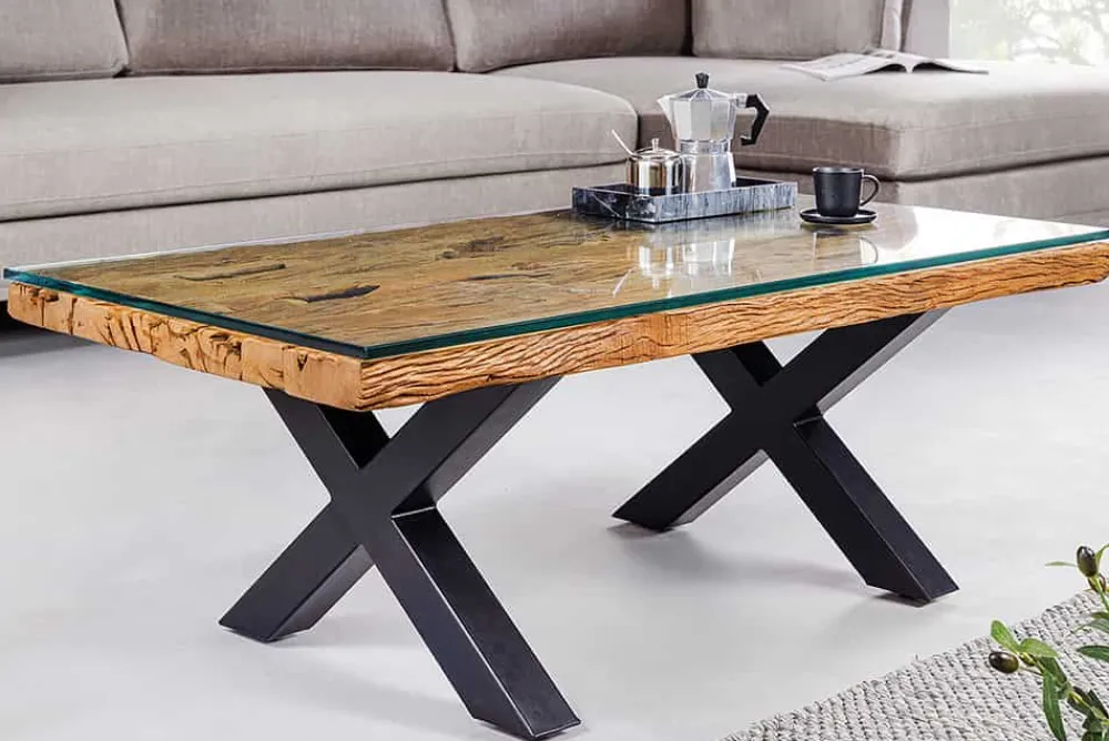 Riess-Ambiente Mehr...|Couchtische > Massiver Couchtisch BARRACUDA 110cm antik natur Teakholz X-Gestell Glasplatte