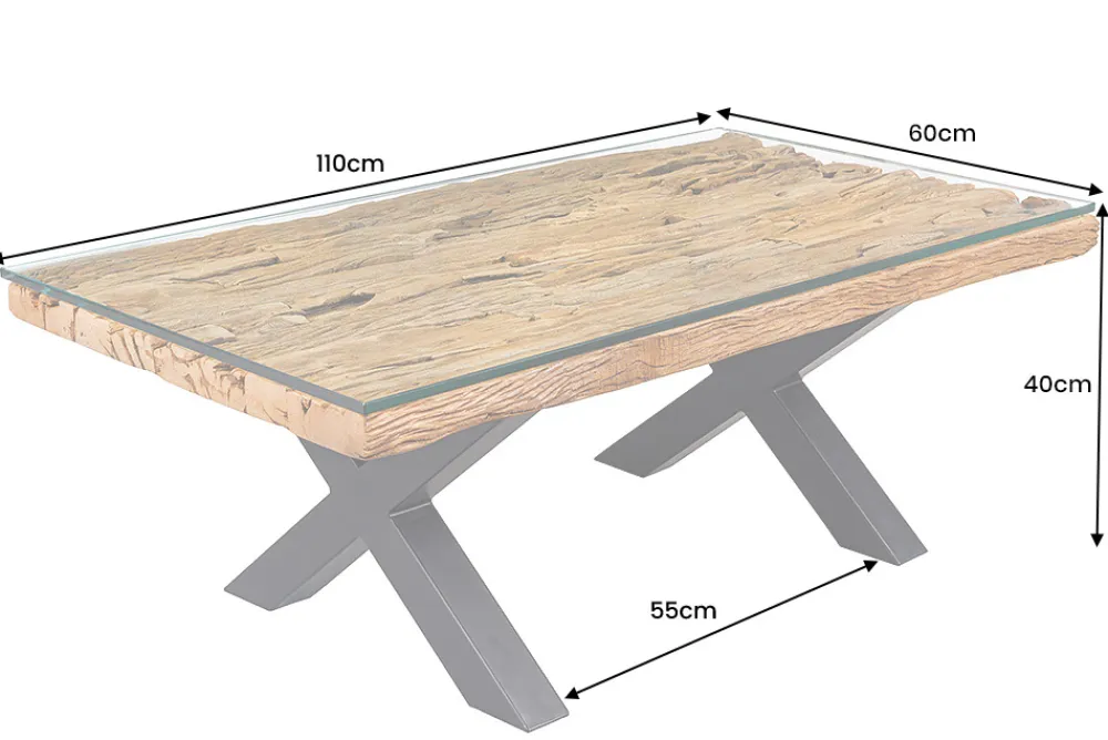 Riess-Ambiente Mehr...|Couchtische > Massiver Couchtisch BARRACUDA 110cm antik natur Teakholz X-Gestell Glasplatte
