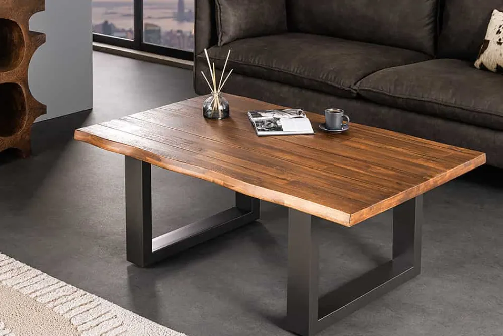 Riess-Ambiente Mehr...|Massivholztische > Massiver Couchtisch GENESIS 110cm braun anthrazit Akazie Baumkante Kufengestell