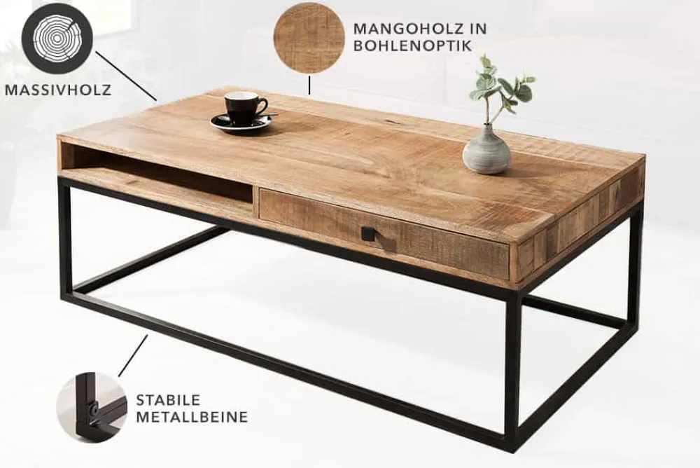 Riess-Ambiente Mehr...|Couchtische > Massiver Couchtisch IRON CRAFT 100cm Mangoholz mit Schublade schwarzes Metallgestell