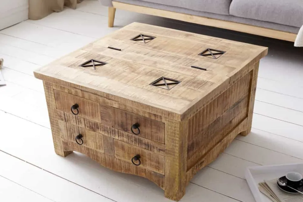 Riess-Ambiente Mehr...|Couchtische > Massiver Couchtisch IRON CRAFT 70cm natur Holz Truhe mit Schubladen und Stauraum