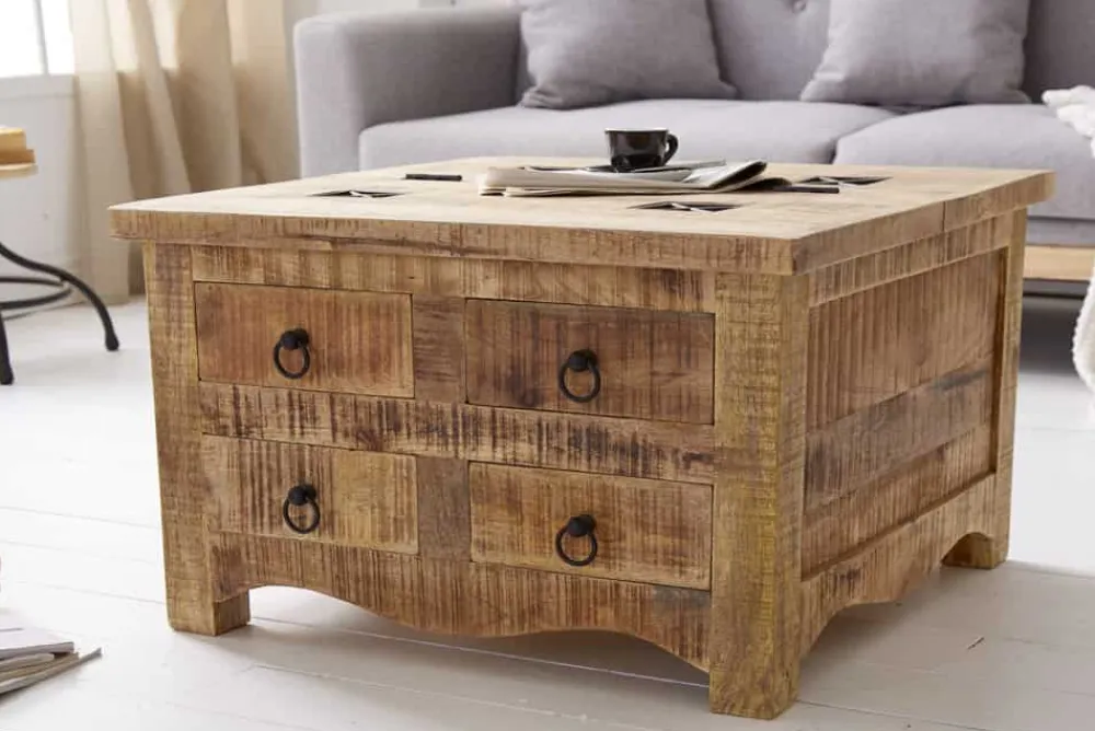 Riess-Ambiente Mehr...|Couchtische > Massiver Couchtisch IRON CRAFT 70cm natur Holz Truhe mit Schubladen und Stauraum