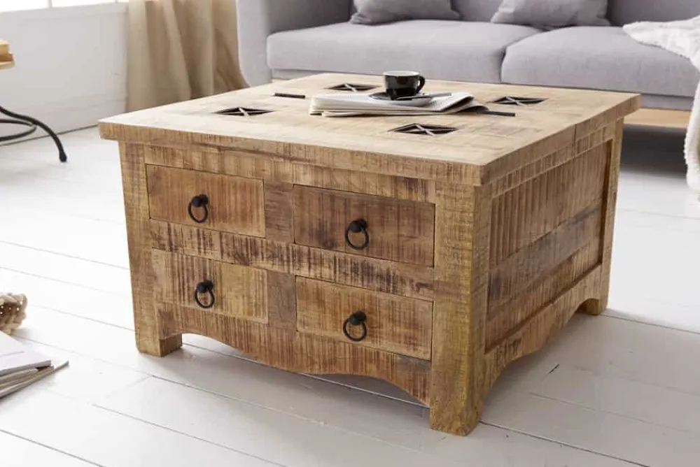 Riess-Ambiente Mehr...|Couchtische > Massiver Couchtisch IRON CRAFT 70cm natur Holz Truhe mit Schubladen und Stauraum
