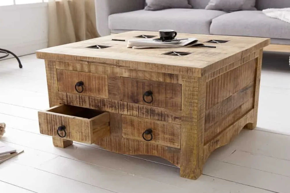 Riess-Ambiente Mehr...|Couchtische > Massiver Couchtisch IRON CRAFT 70cm natur Holz Truhe mit Schubladen und Stauraum