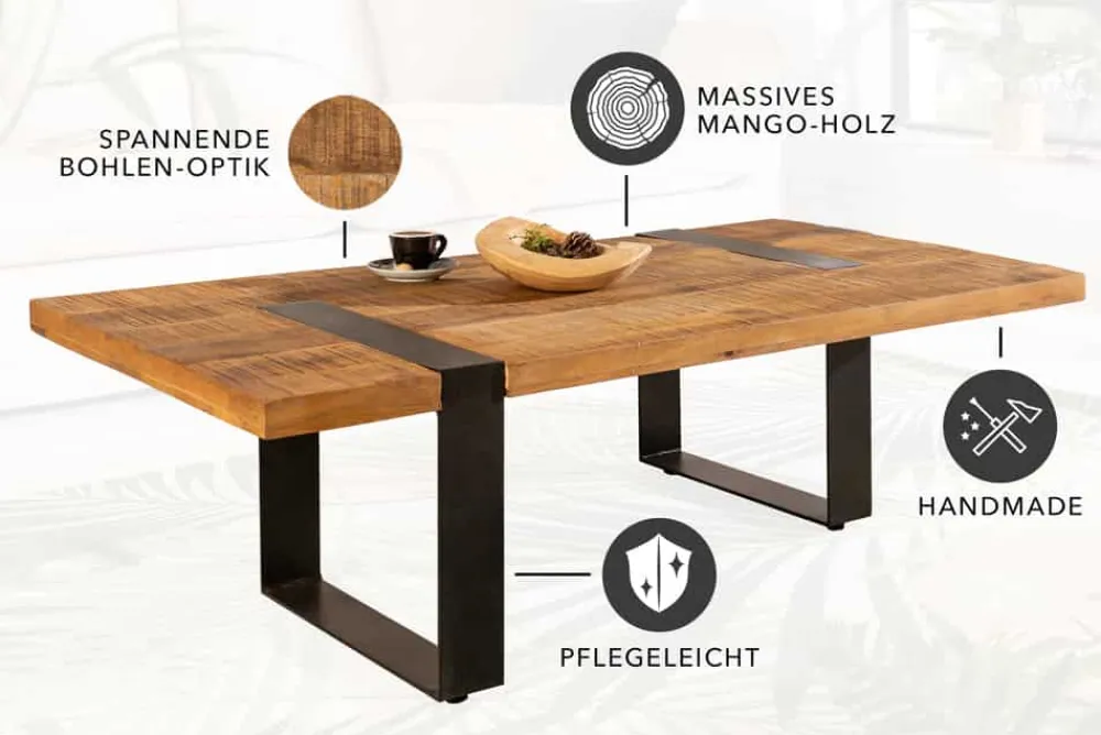 Riess-Ambiente Couchtische & Truhen|Mehr... > Massiver Couchtisch IRON CRAFT 100cm braun natur Mangoholz schwarz Metall