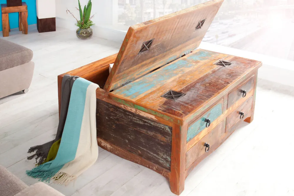 Riess-Ambiente Mehr...|Couchtische > Massiver Couchtisch JAKARTA 70cm bunt Truhe aus recycelten Fischerbooten Holz mit Schubladen