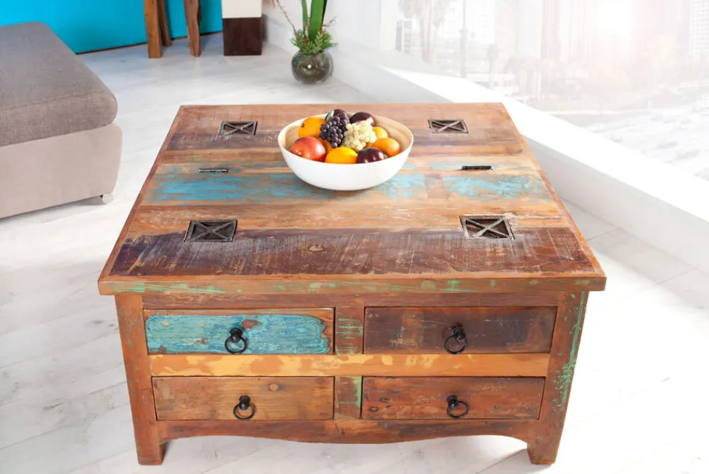 Riess-Ambiente Mehr...|Couchtische > Massiver Couchtisch JAKARTA 70cm bunt Truhe aus recycelten Fischerbooten Holz mit Schubladen