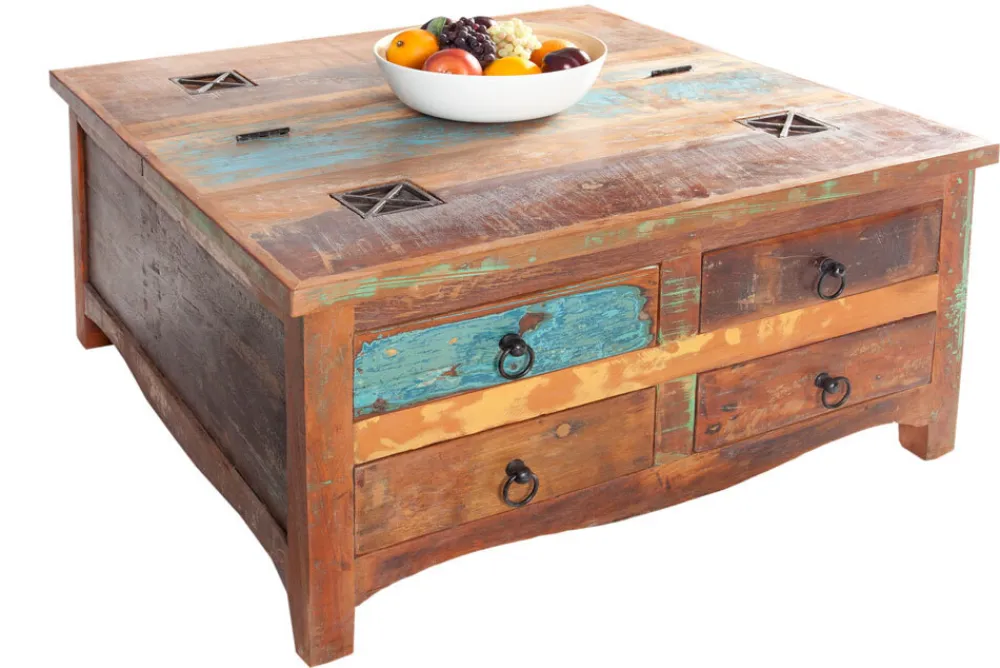 Riess-Ambiente Mehr...|Couchtische > Massiver Couchtisch JAKARTA 70cm bunt Truhe aus recycelten Fischerbooten Holz mit Schubladen