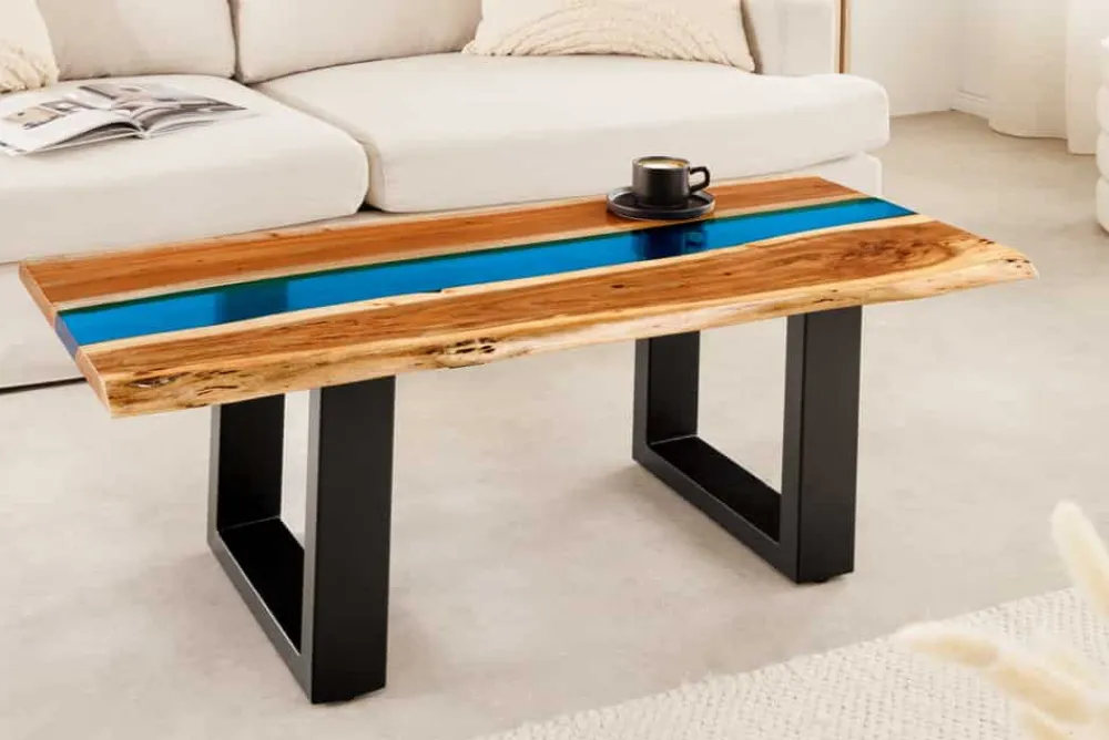 Riess-Ambiente Mehr...|Couchtische > Massiver Couchtisch LIQUID 110cm braun Akazienholz Baumkante schwarz Eisen blau
