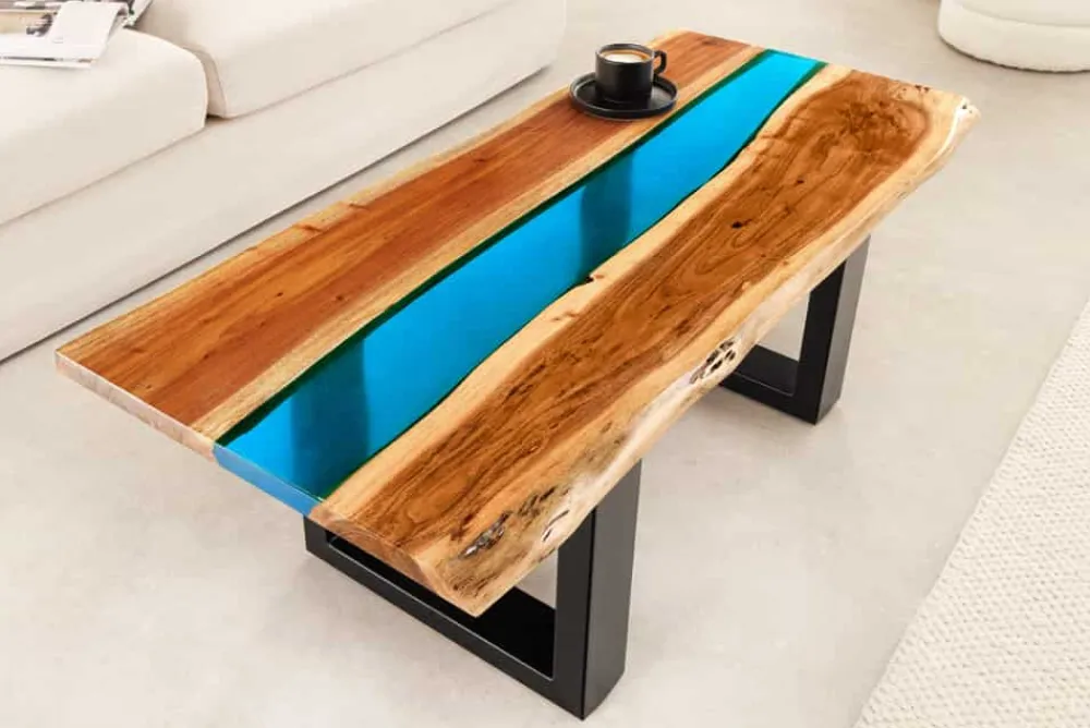 Riess-Ambiente Mehr...|Couchtische > Massiver Couchtisch LIQUID 110cm braun Akazienholz Baumkante schwarz Eisen blau
