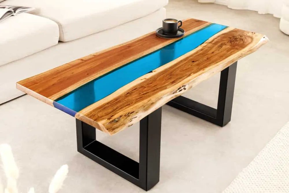 Riess-Ambiente Mehr...|Couchtische > Massiver Couchtisch LIQUID 110cm braun Akazienholz Baumkante schwarz Eisen blau