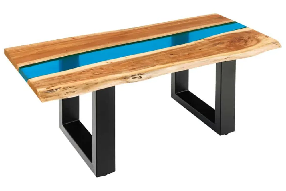Riess-Ambiente Mehr...|Couchtische > Massiver Couchtisch LIQUID 110cm braun Akazienholz Baumkante schwarz Eisen blau