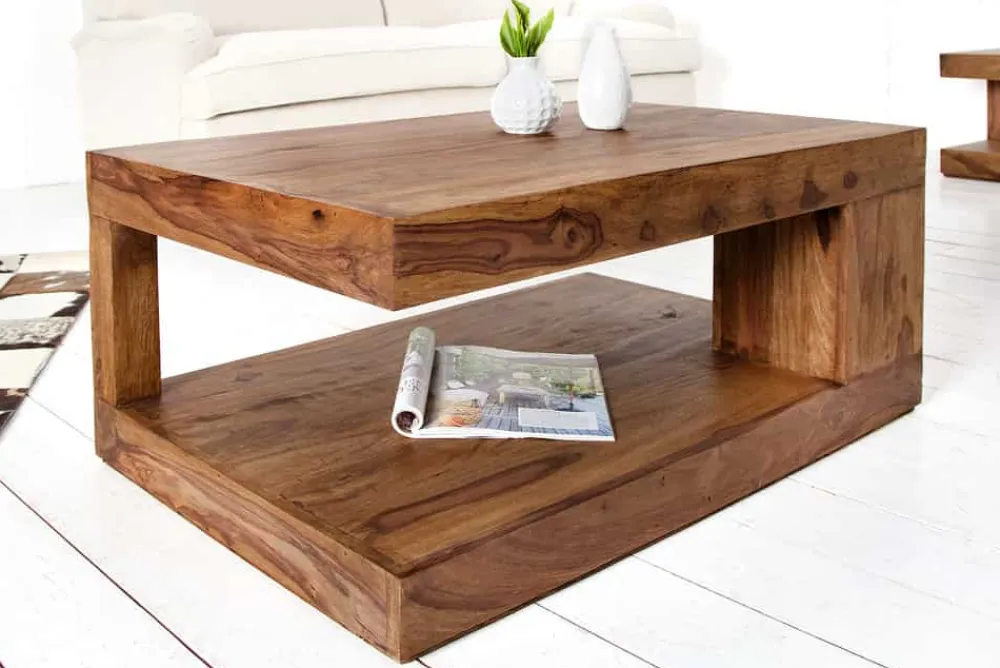 Riess-Ambiente Mehr...|Couchtische > Massiver Edelholz Couchtisch GIANT L 90cm braun Sheesham stone finish mit Ablage